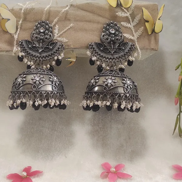 Oxidised_Silver-Plated_Black_&amp;_White_Pearls_Antique_Tribal_Jhumkas_Earrings-OXDER_1756_For_Women_&_Girls