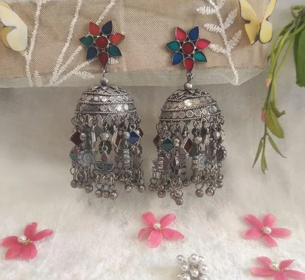 Oxidised_Silver_Plated_handmade_Enamal_Multi-color_Dome_Shaped_Jhumka_Earrings-OXDER_1745_For_Women_&_Girls