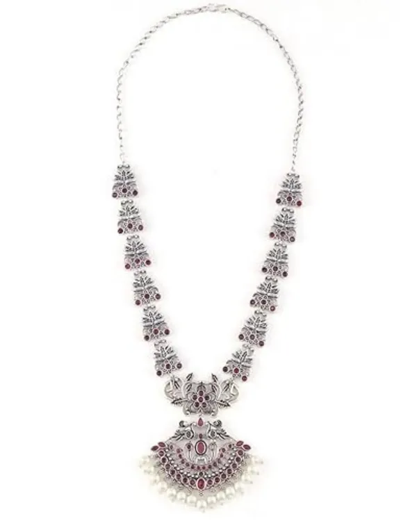 Oxidized_Silver-Plated_Temple_Necklace_Set_with_Ruby_&_Pearl_Accents_For_Women_&_Girls