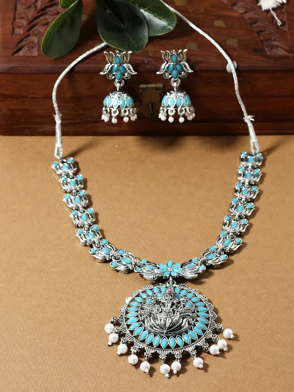Oxidized_Silver-Tone_Tribal_Necklace_and_Earrings_Set__-_Blue_Beaded_Traditional_Jewelry_Set_For_Women_&_Girls