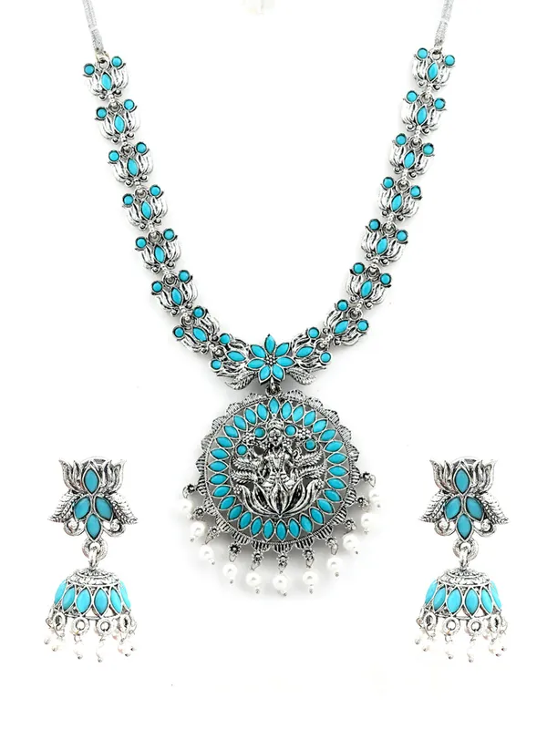 Oxidized_Silver-Tone_Tribal_Necklace_and_Earrings_Set__-_Blue_Beaded_Traditional_Jewelry_Set_For_Women_&_Girls
