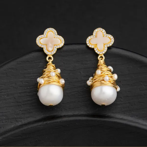 24_Carat_Guaranteed_Gold_Plated_CZ_Clover_With_Droplet_Wire_Wrapped_Freshwater_Natural_Cultural_Pearl_Fashion_Drop_Earring__2127_For_Women_&_Girls