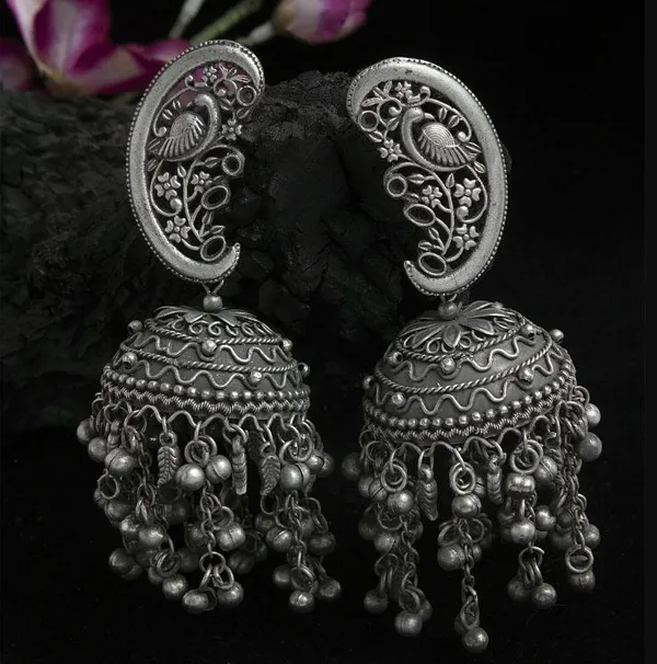 Peacock_Shaped_Tribal_Design_Oxidised_Silver_Plated_Handcrafted_Chandelier_Jhumkas-OXDER_1757_For_Women_&_Girls