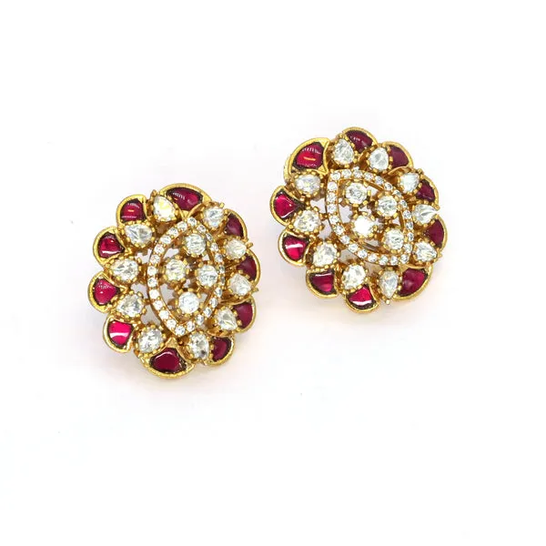 GoldPlated_Teardrop_Stud_Earrings_with_Ruby_and_Crystal_Acc_For_Women_&_Girls