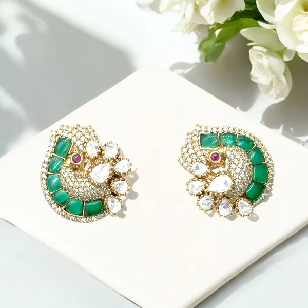 GoldPlated_Crescent_Stud_Earrings_with_Emerald_Green_and_Cr_For_Women_&_Girls