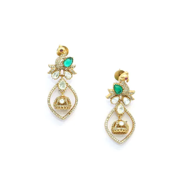 GoldPlated_Peacock_Motif_Kundan_Drop_Earrings_with_Green_Ac_For_Women_&_Girls