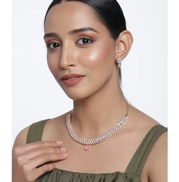 Rose_Gold_Plated_Necklace_&_Earring_Set_with_Sparkling_Stones_and_Pink_Teardrop_Accents_For_Women_&_Girls