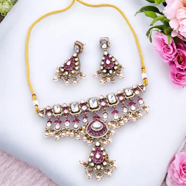 Royal_Gold-Plated_Choker_Necklace_Set_with_Green_and_White_Stones_and_Pearl_Drops_For_Women_&_Girls
