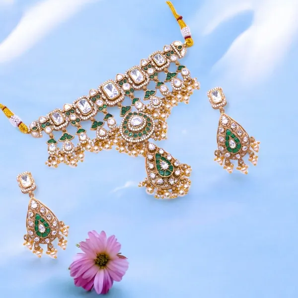Royal_Gold-Plated_Choker_Necklace_Set_with_Green_and_White_Stones_and_Pearl_Drops_For_Women_&_Girls