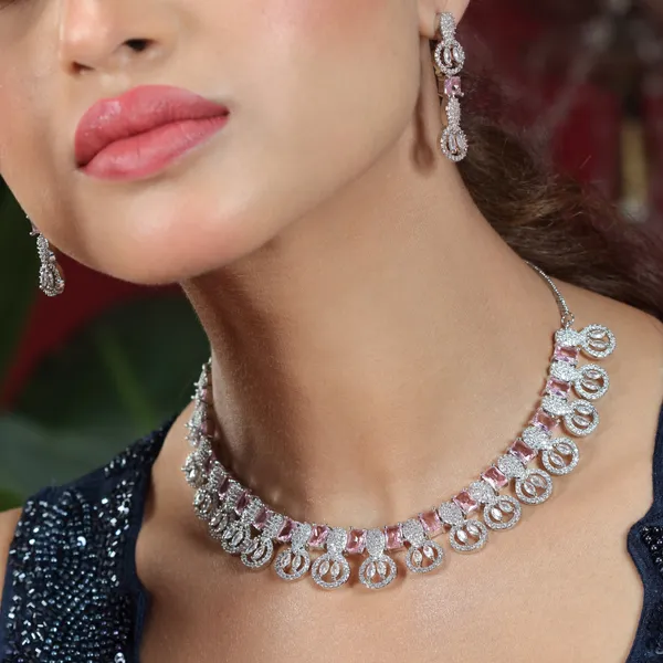 Elegant_AD_and_pink_stone_necklace_set_with_earrings_For_Women_&_Girls