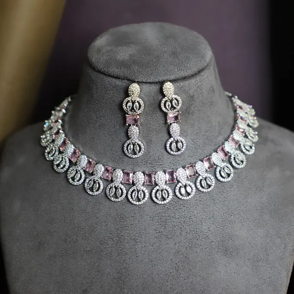 Elegant_AD_and_pink_stone_necklace_set_with_earrings_For_Women_&_Girls