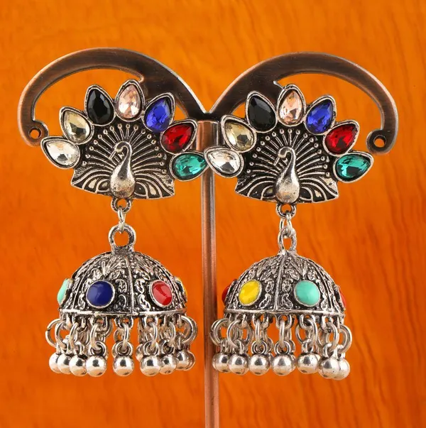 Antique_Silver_Plated_Peacock_Multicolors_Stone_Jhumka_Earring__1478_For_Women_&_Girls