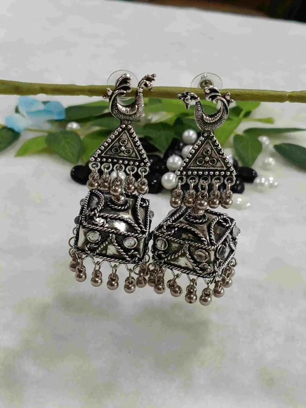 Silver_Oxidised_Layered_Jhumka_Earring-_OXDER_4222_For_Women_&_Girls