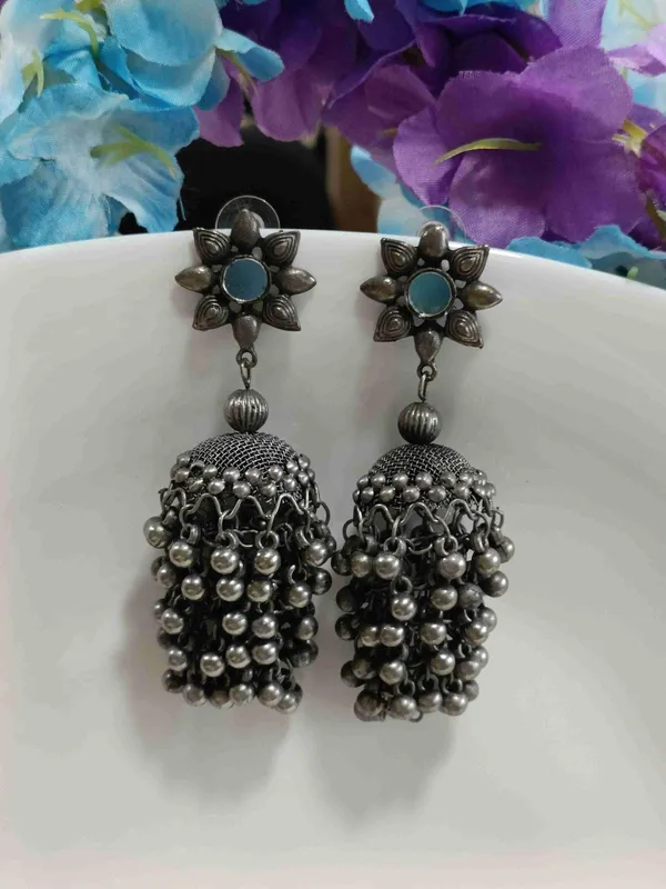 Silver_Oxidised_Mirror_Floral_Afghani_Jhumka_Earring-_OXDER_4219_For_Women_&_Girls