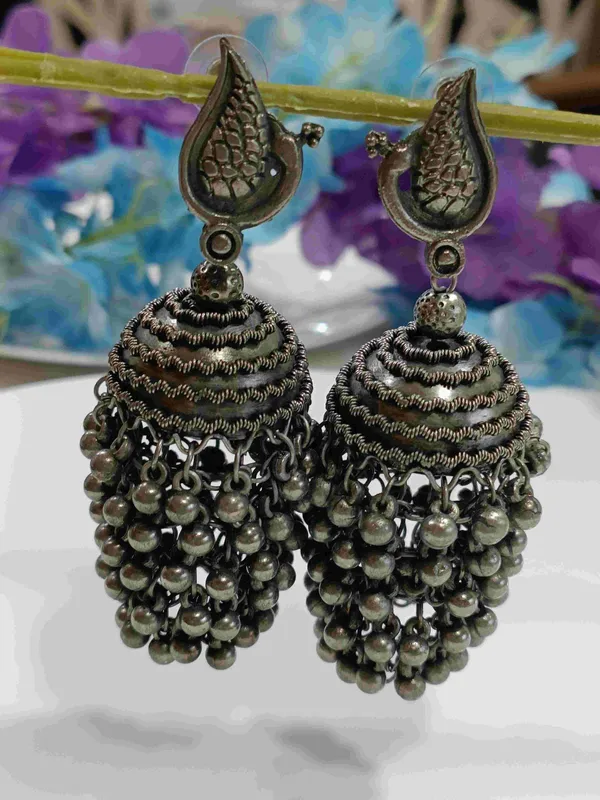 Silver_Oxidised_Peacock_Design_Jhumka_Earring-_OXDER_4221_For_Women_&_Girls