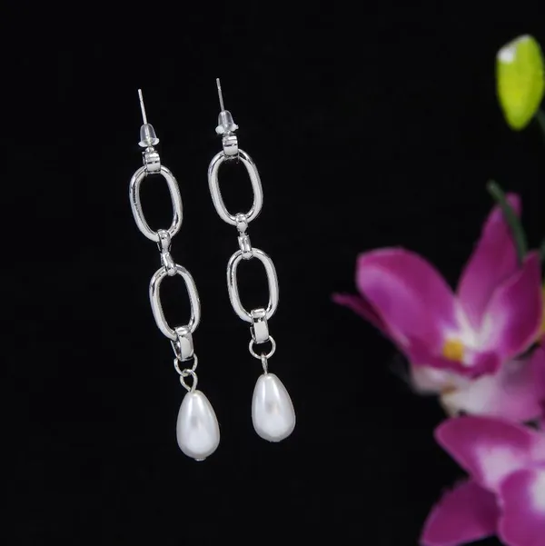 Silver_Plated_Link_Chain_Pearl_Dangle_Earring-WER_3412_For_Women_&_Girls