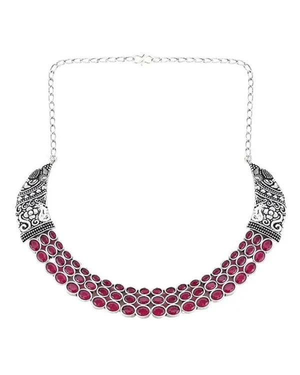 Silver-Toned_Pink_Oval_Stone_Choker_Necklace_Set_with_Matching_Earrings_For_Women_&_Girls