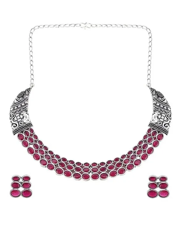 Silver-Toned_Pink_Oval_Stone_Choker_Necklace_Set_with_Matching_Earrings_For_Women_&_Girls