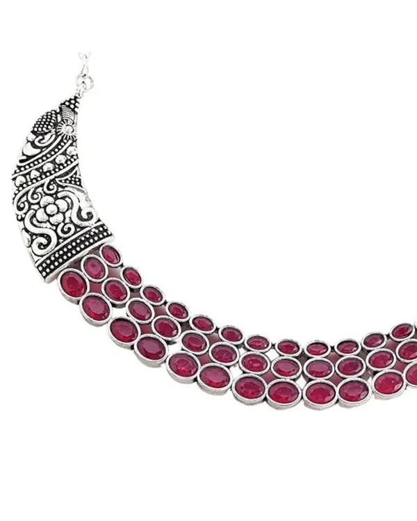 Silver-Toned_Pink_Oval_Stone_Choker_Necklace_Set_with_Matching_Earrings_For_Women_&_Girls