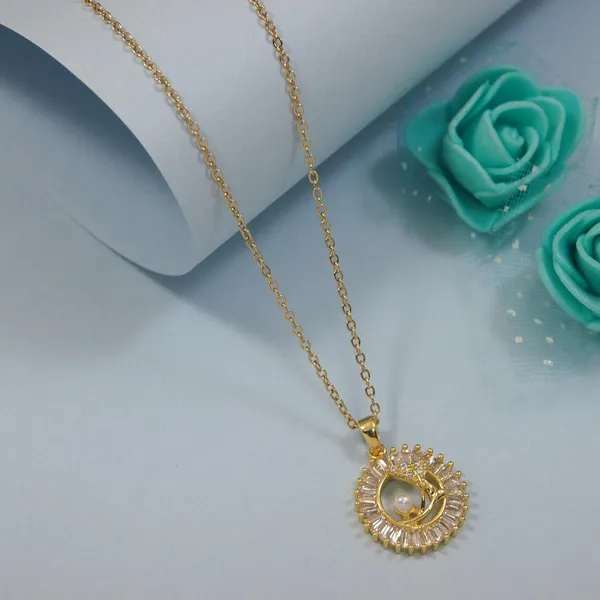 Stainless_Steel_Baguette_Round_Shaped_Pendent_Chain_Necklace_For_Women_&_Girls