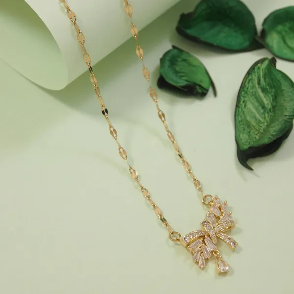 Stainless_Steel_Bow_Shaped_Baguette_Pendent_Chain_Necklace_-_For_Women_&_Girls