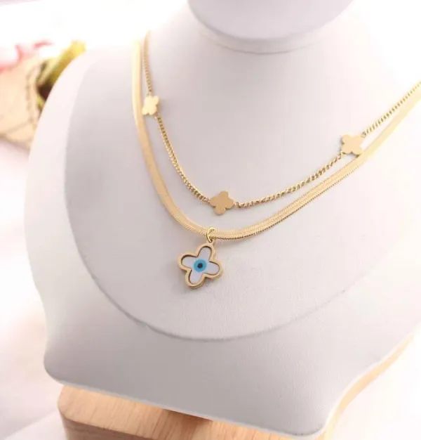 Stainless_Steel_Clover_Pendent_Layered_Necklace_-_STNK_5028_For_Women_&_Girls