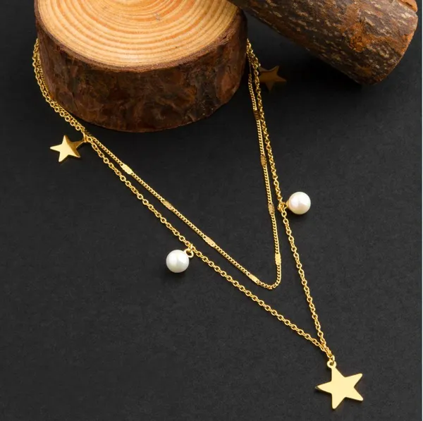 Stainless_Steel_Double_Layer_Gold_Plated_Chain_With_Pearl_&a_For_Women_&_Girls