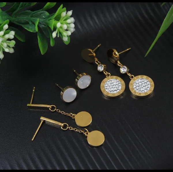 Stainless_Steel_Gold_Plated_Three_Pair_Dangle_and_Stud_Earring-_STNER_4123_For_Women_&_Girls