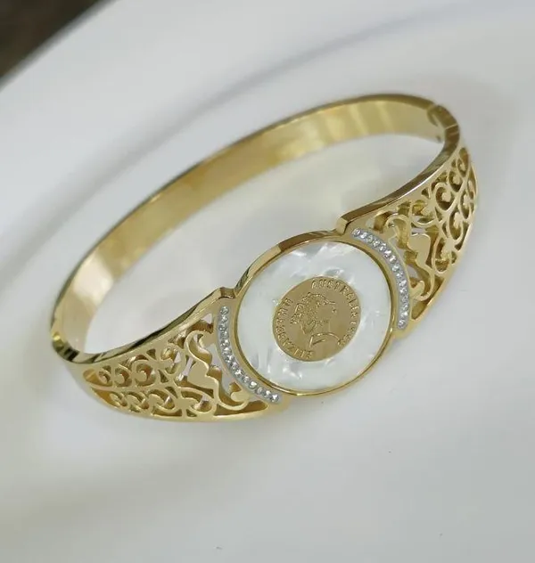 Stainless_Steel_Gold_Plated_White_Shell_Coin_Shaped_Queen_Elizabeth_Kada_-_STKD_4856_For_Women_&_Girls
