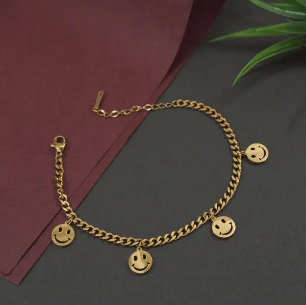 Stainless_Steel_Gold/Rosegold_Plated_Smiley_Charm_Bracelet-_For_Women_&_Girls