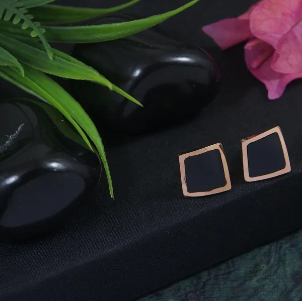 Stainless_Steel_Rosegold_Plated_Black_Square_Shaped_Stud_Earring-STNER_2860_For_Women_&_Girls