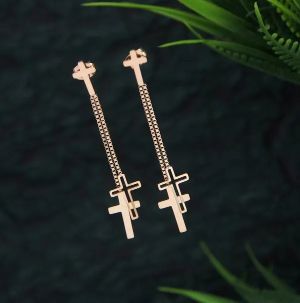 Stainless_Steel_Rosegold_Plated_Cross_Chain_Earring-STNER_2741_For_Women_&_Girls
