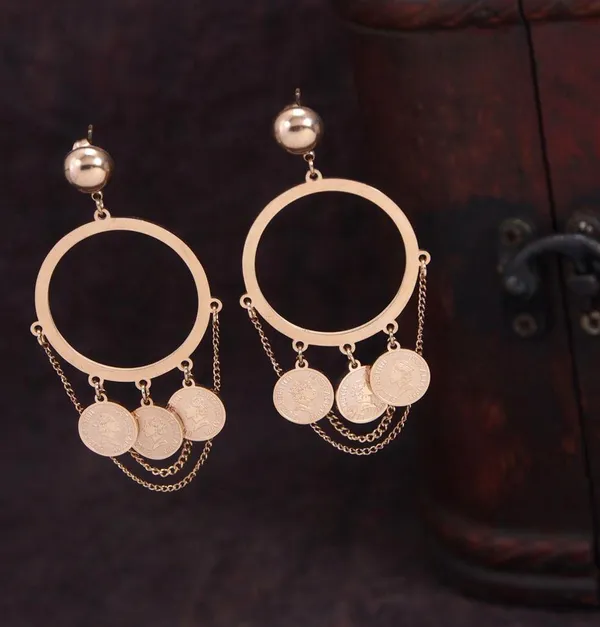 Stainless_Steel_Rosegold_Plated_Queen_Elizabeth_Portrait_Coin_Chain_Earring-STNER_2729_For_Women_&_Girls