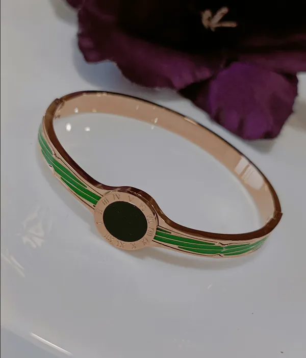 Stainless_Steel_Rosegold_Plated_Roman_Numerals_Green_Coloured_Kada-_STKD_3054_For_Women_&_Girls