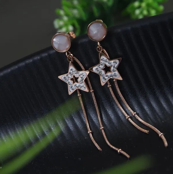 Stainless_Steel_Rosegold_Plated_Star_Designed_Chain_Earring-STNER_2826_For_Women_&_Girls