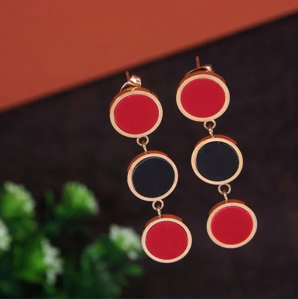 Stainless_Steel_Rosegold_Plated_Three_Disc_Red_&amp;_Black_Coloured_Earring-STNER_2769_For_Women_&_Girls