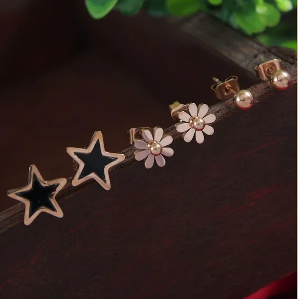 Stainless_Steel_Rosegold_Plated_Three_Pair_Star_Round_&amp;_Floral_Designed_Stud_Earring-_STNER_2899_For_Women_&_Girls