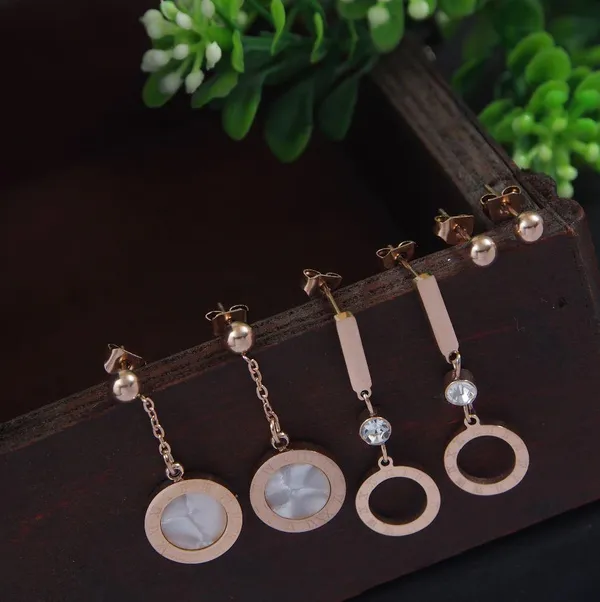 Stainless_Steel_Rosegold_Plated_Three_Pair_Stud_&amp;_Roman_Numerals_Chain_Earring-STNER_2882_For_Women_&_Girls