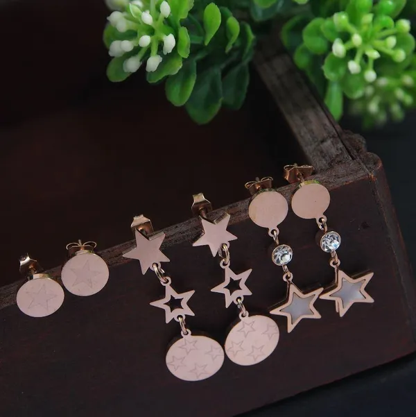 Stainless_Steel_Rosegold_Plated_Three_Pair_Stud_and_Star_Shaped_Dangler_Earring-STNER_2857_For_Women_&_Girls
