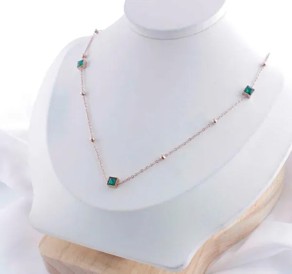 Stainless_Steel_Square_Green_Emerald_Link_Necklace_-_STNK_50_For_Women_&_Girls