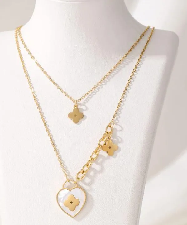 Stainless_Steel_White_Shell_Heart_Haning_Clover_Necklace_-_S_For_Women_&_Girls