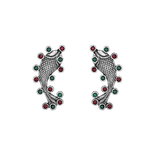 Traditional_Fish_Design_Oxidized_Silver_Earrings_with_Green_and_Red_Accents_For_Women_&_Girls