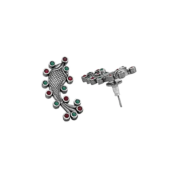 Traditional_Fish_Design_Oxidized_Silver_Earrings_with_Green_and_Red_Accents_For_Women_&_Girls