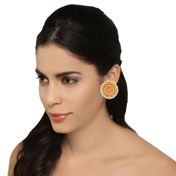 Traditional_Gold_and_Orange_Kundan_Stud_Earrings_For_Women_&_Girls
