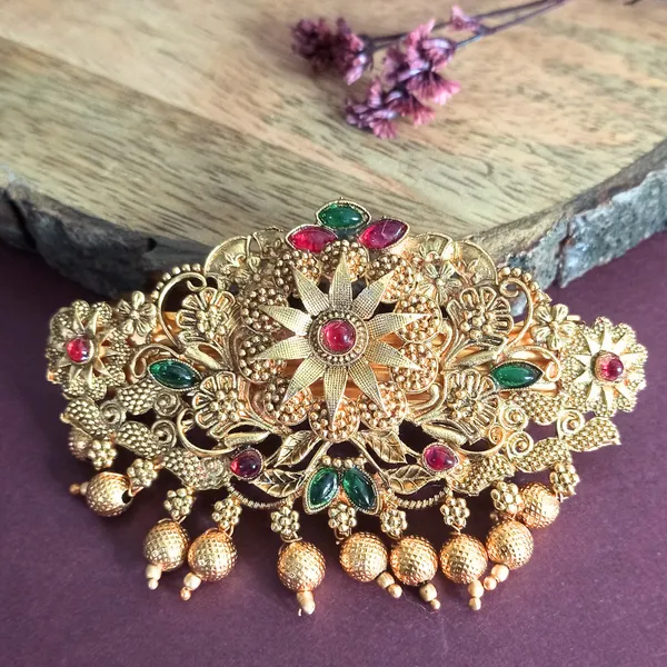 Traditional_Gold-Plated_Hair_Barrette_Clip_with_Floral_Design_and_multicolor_stone_golden_beads_Danglers_For_Women_&_Girls