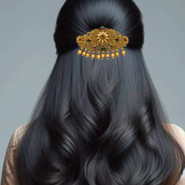 Traditional_Gold-Plated_Hair_Barrette_Clip_with_Floral_Design_and_multicolor_stone_golden_beads_Danglers_For_Women_&_Girls