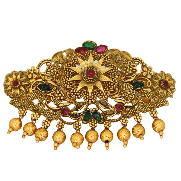 Traditional_Gold-Plated_Hair_Barrette_Clip_with_Floral_Design_and_multicolor_stone_golden_beads_Danglers_For_Women_&_Girls