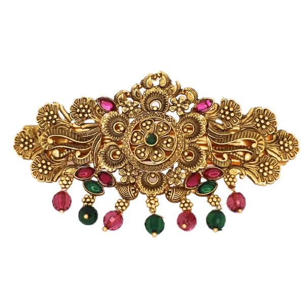 Traditional_Gold-Plated_Hair_Barrette_Clip_with_Floral_Design_and_multicolor_stone_multicolor_beads_Danglers_For_Women_&_Girls