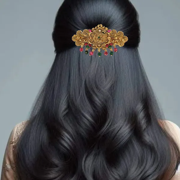 Traditional_Gold-Plated_Hair_Barrette_Clip_with_Floral_Design_and_multicolor_stone_multicolor_beads_Danglers_For_Women_&_Girls