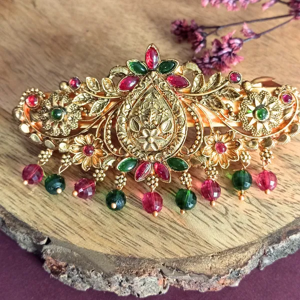 Traditional_Gold-Plated_Hair_Barrette_Clip_with_Floral_Design_and_multicolor_stone_multicolor_beads_Danglers_For_Women_&_Girls